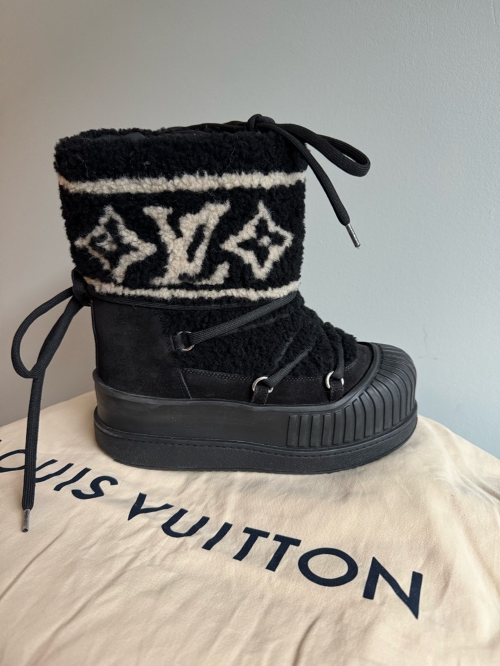 Louis Vuitton Black and White Shearling Logo Winter Boot